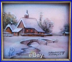 Beautiful 1900s French Enamel Copper Winter Snow Bridge Cottage Church Painting