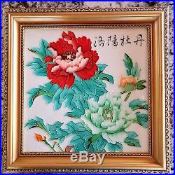 Beautiful Chinese Cloisonne Style Enamel Painting Framed Luoyang Peonies