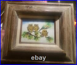 Beautiful Enamel On Copper Of Owls In Trees By Artist Mark Moses 13 X 15 Framed