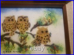 Beautiful Enamel On Copper Of Owls In Trees By Artist Mark Moses 13 X 15 Framed