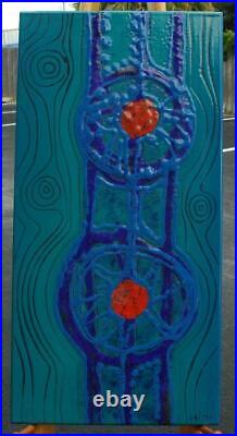 Beautiful Mid Century Enamel on Metal Signed Abstract With Teal, Blue & Orange