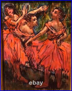 Beautiful Mid Century Framed Enamel On Copper Art Painting Three Ballerinas