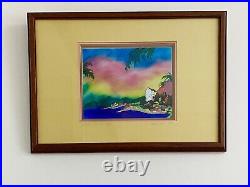 Beautiful Painting Enamel on Copper Signed Seaside Tropical Village Landscape