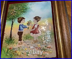 Beautiful V. Leroy Art Enamel Painting Of Boy & Girl Flowers, Signed & Framed