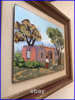 Betty Gray Enamel painting of Los Pollos Texas artist unique folk art framed