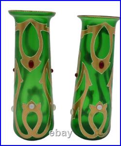 Bohemian Art Nouveau Green Art Glass Painted Enamel Floral Vase Pair