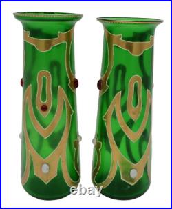 Bohemian Art Nouveau Green Art Glass Painted Enamel Floral Vase Pair