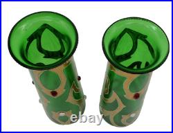 Bohemian Art Nouveau Green Art Glass Painted Enamel Floral Vase Pair