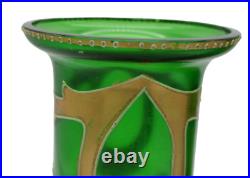 Bohemian Art Nouveau Green Art Glass Painted Enamel Floral Vase Pair