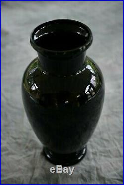 Bohemian Black Art Glass Vase with Enameled Painting of Birds and Flowers