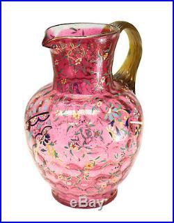 Bohemian Cranberry Red Art Glass & Hand Painted Enamel Water Pitcher