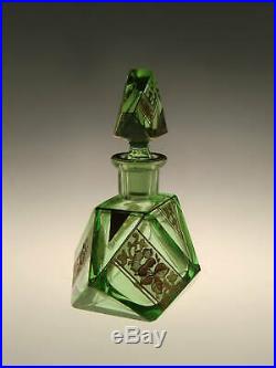 Bohemian Czech Art Deco Uranium Cut Glass Perfume Bottle Painted Enamels Gilded