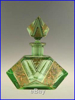 Bohemian Czech Art Deco Uranium Cut Glass Perfume Bottle Painted Enamels Gilded