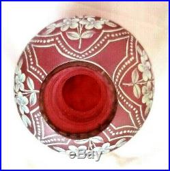 Bohemian Florentine Cranberry Hand Painted Bulbous Enameled Art Cameo Glass Vase