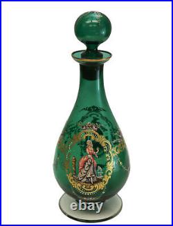 Bohemian Green Art Glass and Hand Painted Enamel Bottle, circa 1920