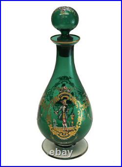 Bohemian Green Art Glass and Hand Painted Enamel Bottle, circa 1920