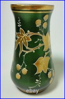 Bohemian Harrach Green Aventurine Hand Painted Enameled Art Nouveau Glass Vase