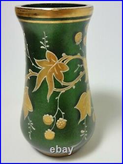 Bohemian Harrach Green Aventurine Hand Painted Enameled Art Nouveau Glass Vase