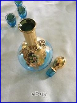 Bohemian/Italian Art Glass Hand Painted Decanter Cordial Set Azure Gold Enamel