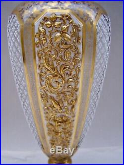 Bohemian Overlay Art cut Glass Vase Hand Painted enamel Floral Gold Panels