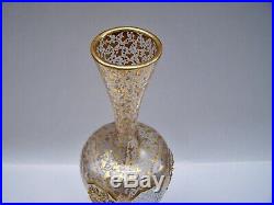 Bohemian Overlay Art cut Glass Vase Hand Painted enamel Floral Gold Panels