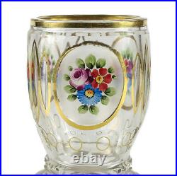 Bohemian art glass vase 19th century Clear, hand painted gilt enamel flowers