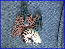 Bovano Enamel Paint Metal Art Two Seahorse, Coral, And Nautilus Shell