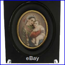 C1890 Miniature Painting on Ivory Mary and Jesus Madonna and Child Enamel Frame