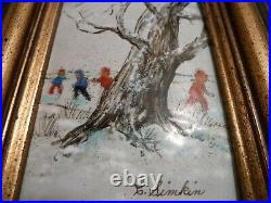 C. Simkin enamel on copper impressionist winter landscape with children framed 606