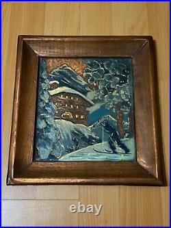 Canadian Enamel On Copper Skiing Painting Self Framed 1940s