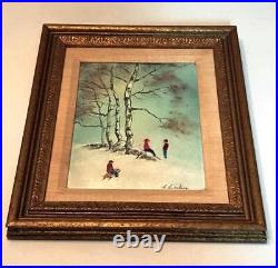 Carol Simkin Enamel on Copper Impressionist Snow Landscape Painting Framed