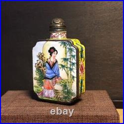Chinese Antique Copper Painted Enamel Beautiful Woman Exquisite Snuff Bottle Art