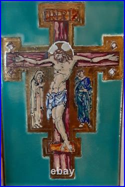 Christ Crucifixion Enamel Painting on Copper Artist signed