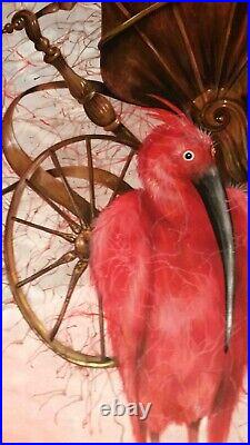 Contemporary art painting modern figurative animal bird red flamingo vintage car