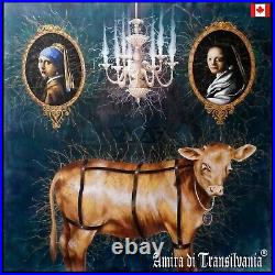 Contemporary art painting modern figurative animal gold veal cow woman portrait