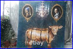 Contemporary art painting modern figurative animal gold veal cow woman portrait