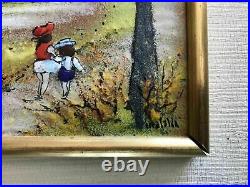 Copper Enamel Painting Louis Cardin Era 1970s Mafalda Children On Path 12 x 16