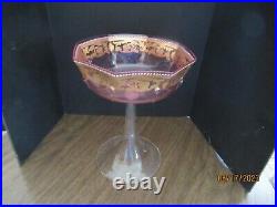 Cranberry Art Glass Compote -Gold Painted With White Enameling, Italy