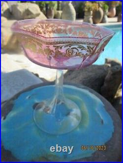 Cranberry Art Glass Compote -Gold Painted With White Enameling, Italy