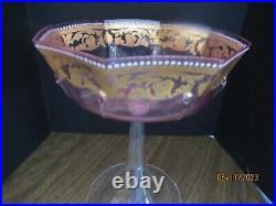 Cranberry Art Glass Compote -Gold Painted With White Enameling, Italy