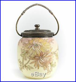 Crown Milano Art Glass Biscuit Jar Raised Hand Painted Enamel Floral, c1920
