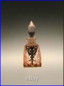 Czech Art Deco Rosaline Pink Peach Glass Perfume Bottle Painted Golden Enamel