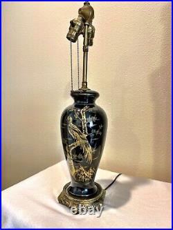Czechoslovakia Black Pheasant Table Lamp 1930s Art Pottery Enamel Hand Painted