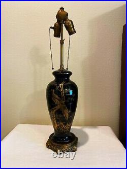 Czechoslovakia Black Pheasant Table Lamp 1930s Art Pottery Enamel Hand Painted