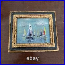 Daniel Belliard Enamel on Copper Miniature Painting of Sailboats Regatta Framed