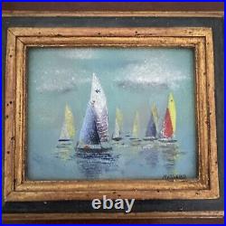 Daniel Belliard Enamel on Copper Miniature Painting of Sailboats Regatta Framed