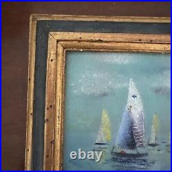 Daniel Belliard Enamel on Copper Miniature Painting of Sailboats Regatta Framed