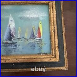 Daniel Belliard Enamel on Copper Miniature Painting of Sailboats Regatta Framed