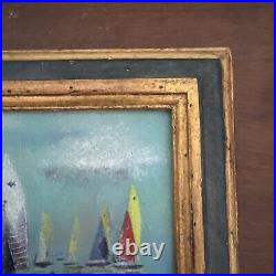 Daniel Belliard Enamel on Copper Miniature Painting of Sailboats Regatta Framed