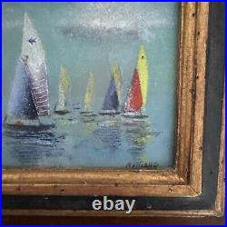 Daniel Belliard Enamel on Copper Miniature Painting of Sailboats Regatta Framed